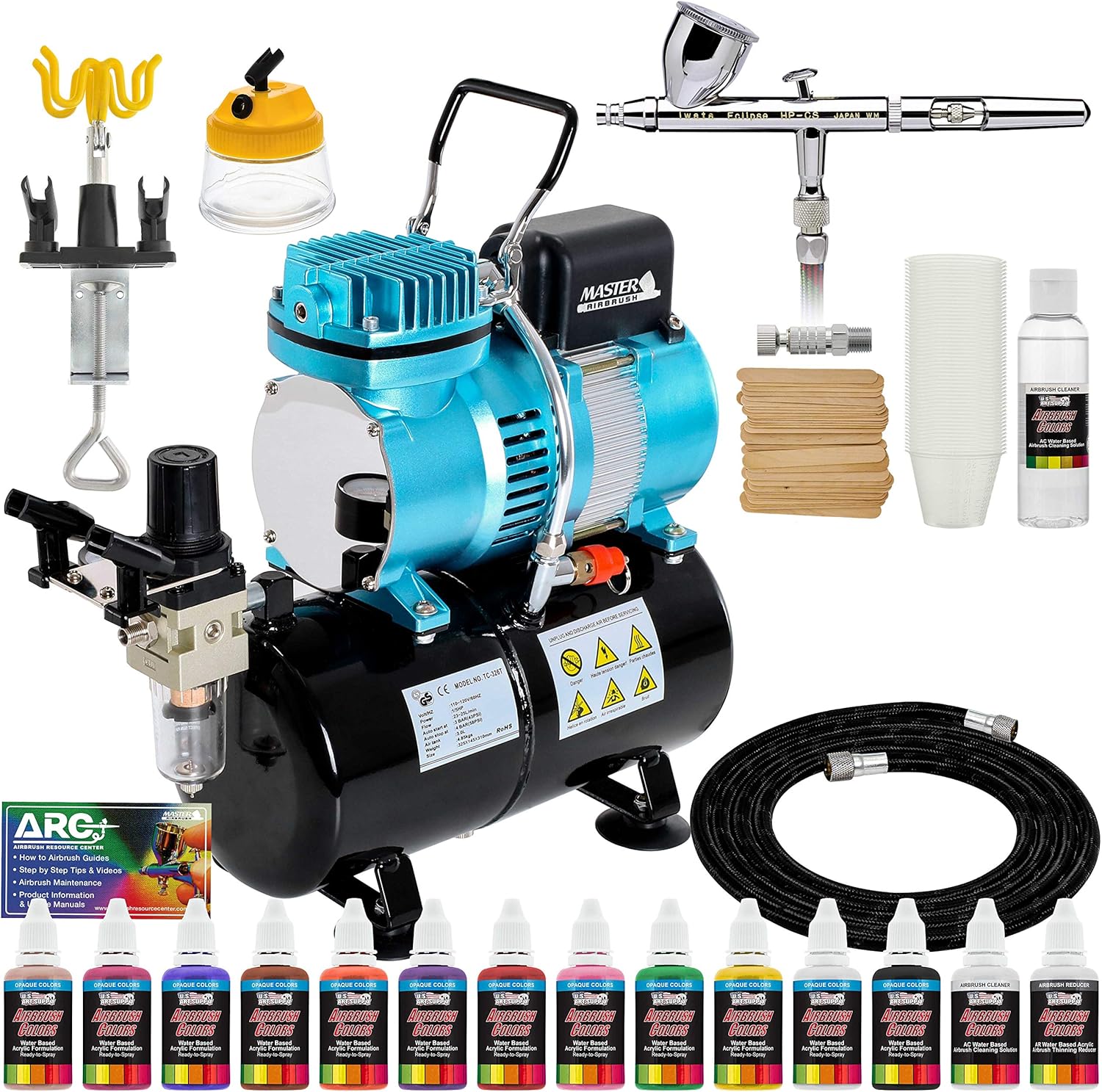 Iwata-Medea Eclipse HP CS Airbrush Set with Cool Runner II Dual Fan Air Tank Compressor System Kit, 12 Color Acrylic Airbrush Paint Artist Set, Hose