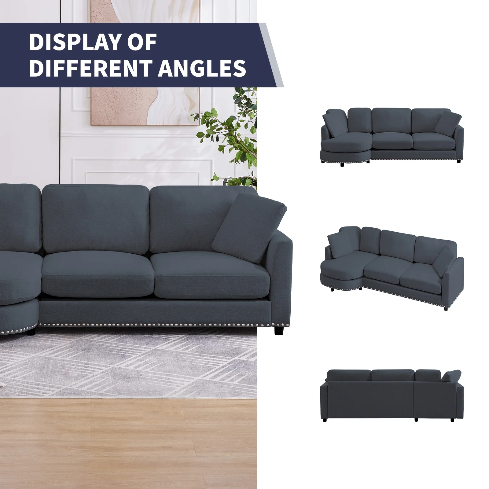 ZAFLY 3 Seater Sofa Couch, L Shaped Couch with Chaise, Curved Couches for Living Room - Dark Grey - Curated Treasures Market