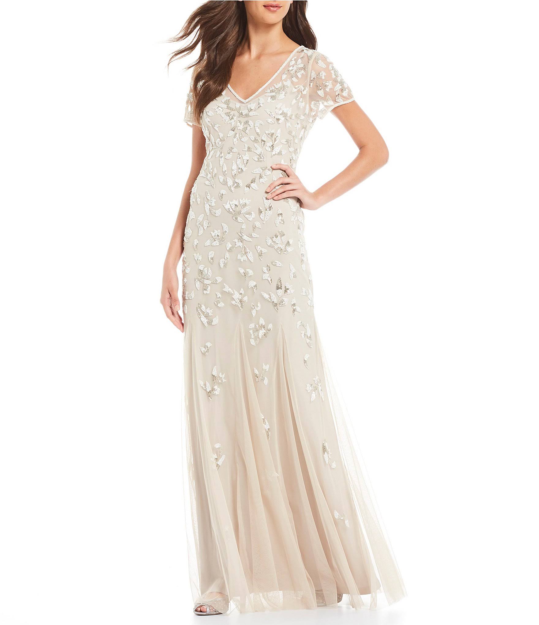 Adrianna Papell Beaded Godet Gown - 6 / Biscotti