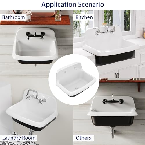 ELLAI 24 Inch Wall Mounted High Back Kitchen Sink White and Black Porcelain Utility Sink Farm Sink Ceramic Farmhouse Laundry Sink Wall Mount Bathroom