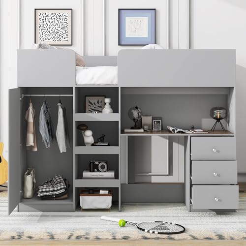 Harper & Bright Designs Full Size Loft Bed with Desk, Wood Full Loft Bed Frame with Built-in Wardrobe, Storage Shelves and Drawers, Gray