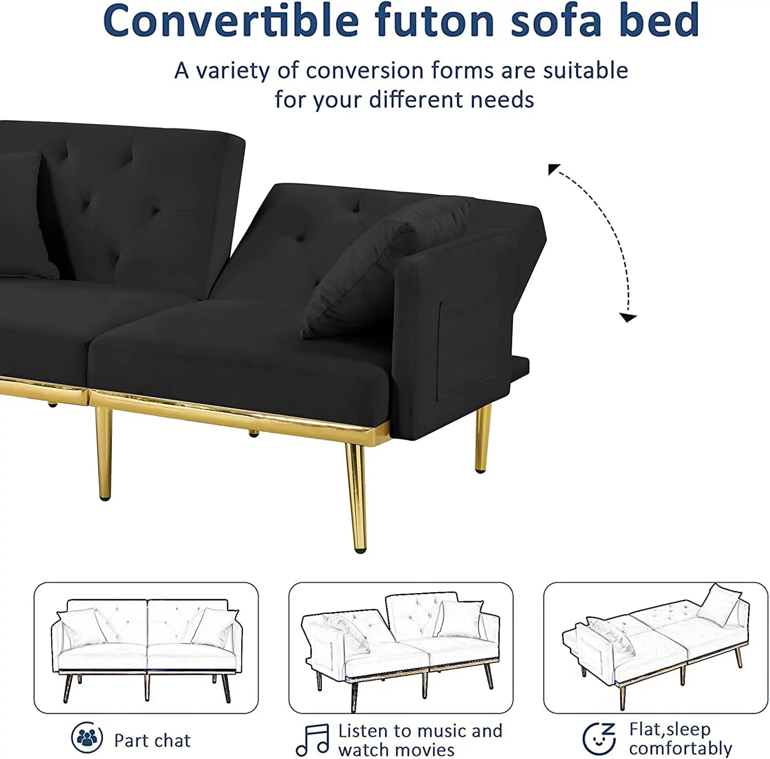59" Convertible Folding Sofa Bed with 2 Pillows & Side Pockets, Modern Velvet Sleeper Couch Bed with 3 Adjustable Backrests