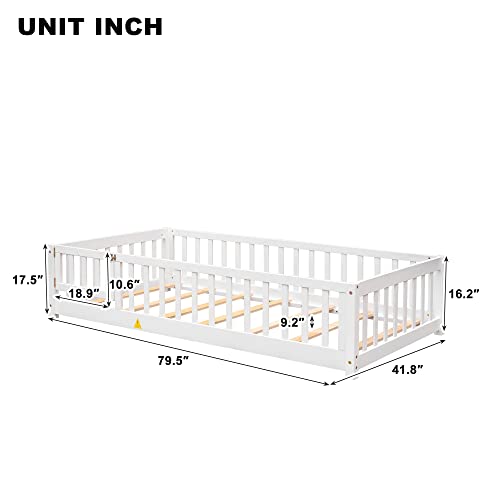 Toddler Floor Bed,Twin Size Floor Bed with Safety Guardrails and Slats, Wooden Floor Bed Frame Without Door, No Box Spring Needed