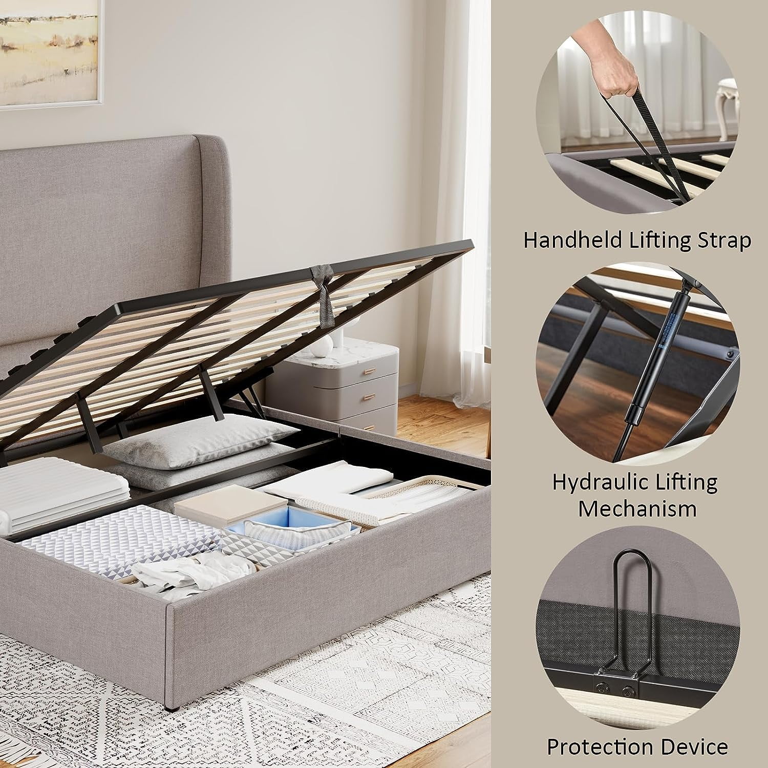 Jocisland Lift Up Storage Bed King Size Linen Upholstered Platform Bed Frame/Hydraulic Storage/Modern Wingback Headboard/No Box Spring Needed/Wood