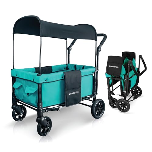 WONDERFOLD W1 Original Double Stroller Wagon (2 Seater) - Collapsible Wagon Stroller with Seats with 5-Point Harnesses, Adjustable Push Handle