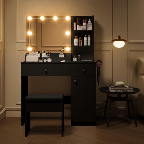 Vanity Desk with Mirror and Lights Dimmable LED Makeup Table with Drawers Side Cabinet 3 Storage Shelves Power Outlet Dressing Table Set Include