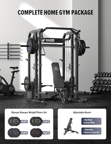 Major Fitness Smith△ Machine Drone2 Premium, All-in-One Home Gym Squat Rack with Aluminum Pulley Set , Weight Bar
