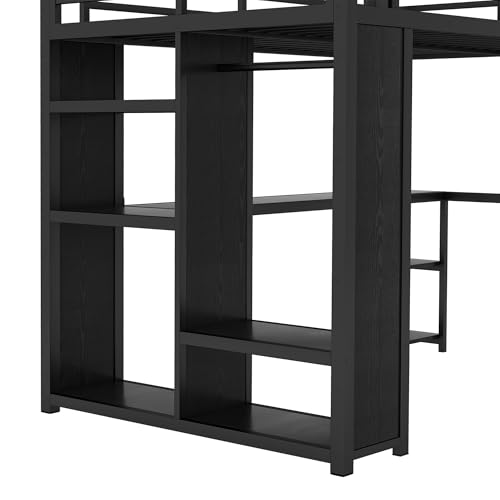 Queen Heavy Duty Metal Loft Bed with L-Shaped Desk, Wardrobe & 5 Storage Shelves – Space-Saving Design for Kids, Teens, Adults – CPC Certified