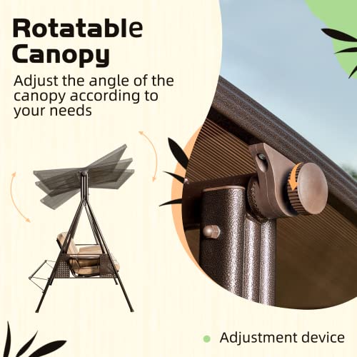 YOLENY Oversized Outdoor Porch Swing with Hardtop, 3 Seat Patio Swing with 2 Side Cup Holder, 3-in-1 Convertible Backrest Swing Bed with Cushion