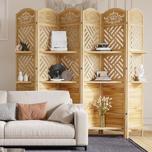 Room Divider with Shelves, 5.75ft Tall Folding Wood Carved Screen with Double Hinges for Home Office Bedroom Hotel Decoration (6 Panels, Natural)
