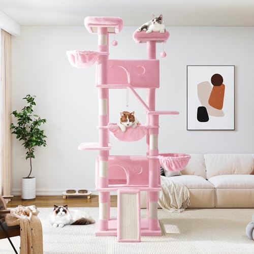 Allewie 81 Inches Tall Cat Tree/Multi-Level Large Climbing Tree House and Towers for Big Feline/Condo and Hammock/Scratching Post/Wide Base/Dark Grey