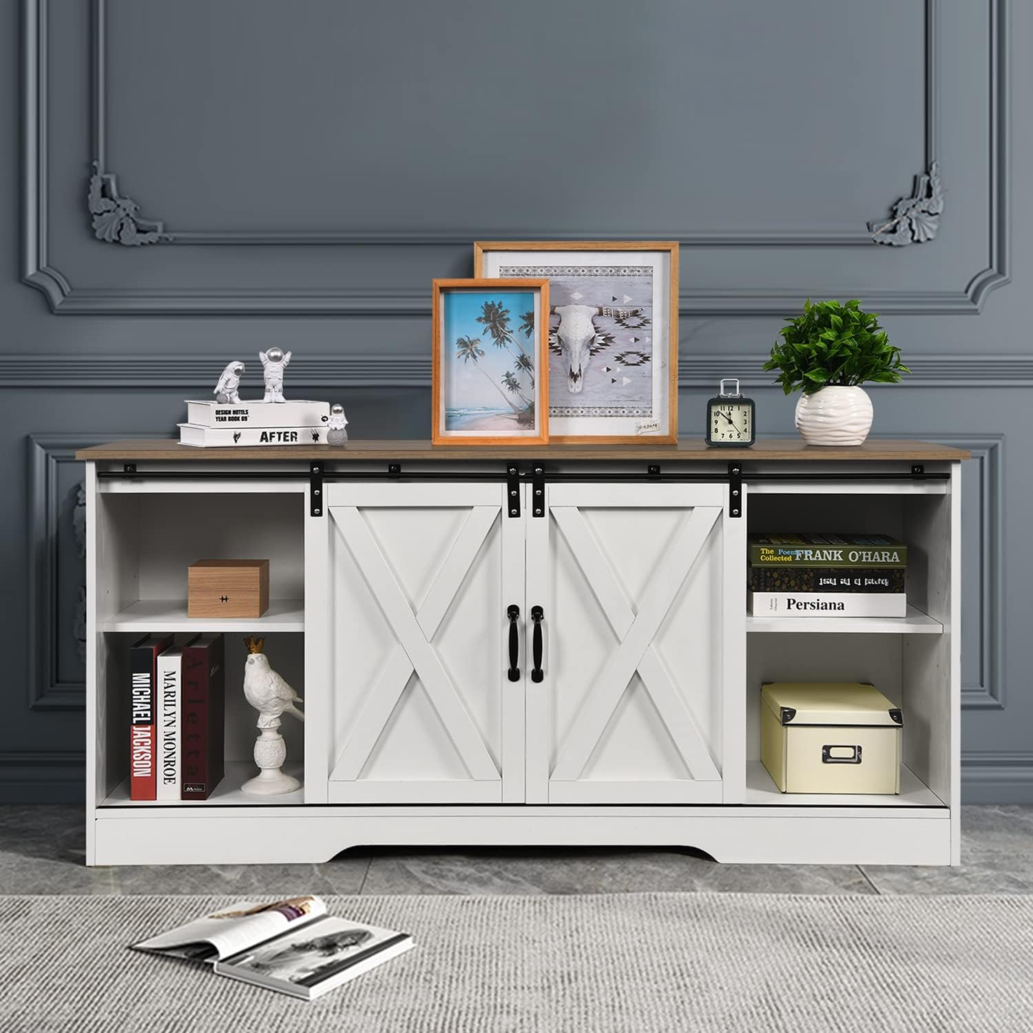 4 EVER WINNER Farmhouse TV Stand Wood Sliding Barn Doors Modern Entertainment Center for 65 inch TV