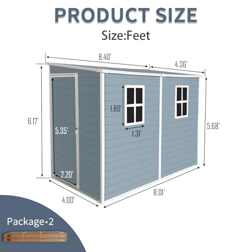 4x8 ft Outdoor Resin Storage Shed with Floor and 2 Windows, Lockable Double Door Resin Sheds with Vents, Waterproof Garden Shed for Backyard, Patio