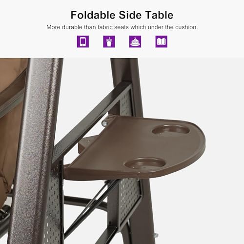 PURPLE LEAF Outdoor Patio Porch Swing with Adjustable PVC Canopy, 3-seat Swing Chair Bench with Side Cup Holder for Backyard Front Porch Lawn