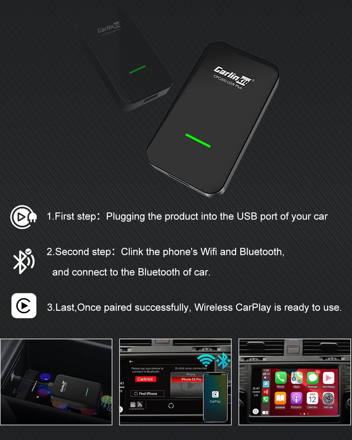 CarlinKit 3.0 CarPlay Wireless(2-USB Cables),for Car Play Equipped Cars,for Volvo,Benz,Porsche,Audi,VW,Citroen,Renault,Ford,Kia,Supports iOS 15+