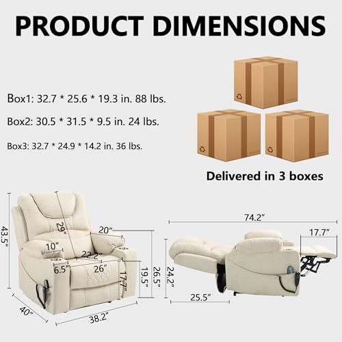 Power Lift Chair Lay Flat Recliner Infinite Position Electric Dual Motor Stand Up Lift Chair with Massage and Heat for Adults
