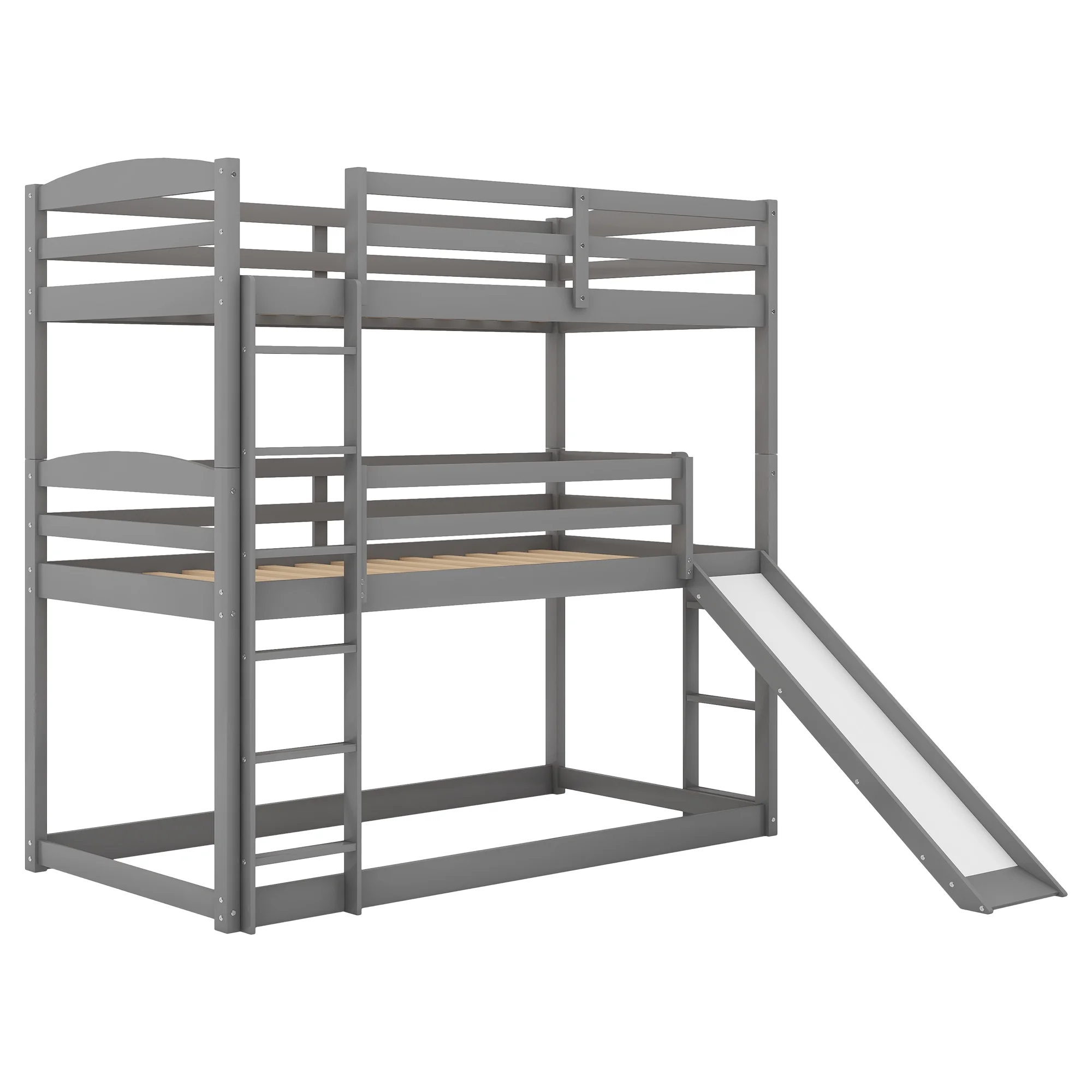 Merax Wood Twin-over-Twin-over-Twin Floor Triple Bunk Bed for Kids Room, Gray