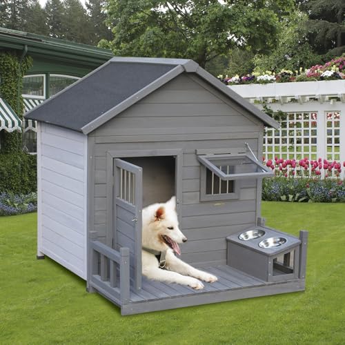 Outdoor Wooden Dog House,Waterproof Kennel with Deck and Sloped Roof,High Stability Pet Dog Cage for Small/Medium Puppy