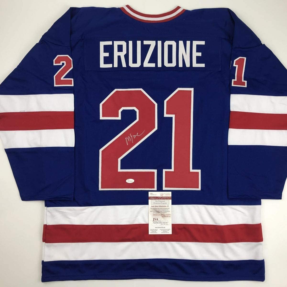 Autographed/Signed Mike Eruzione Blue Team USA Miracle On Ice 1980 Hockey Jersey JSA COA