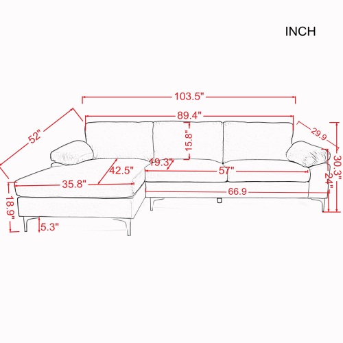 Fooing Modern Velvet Sofa Sectional Sofa, L-Shape Sofa  Couch with Extra Wide Chaise Lounge, Left Hand Facing Gray