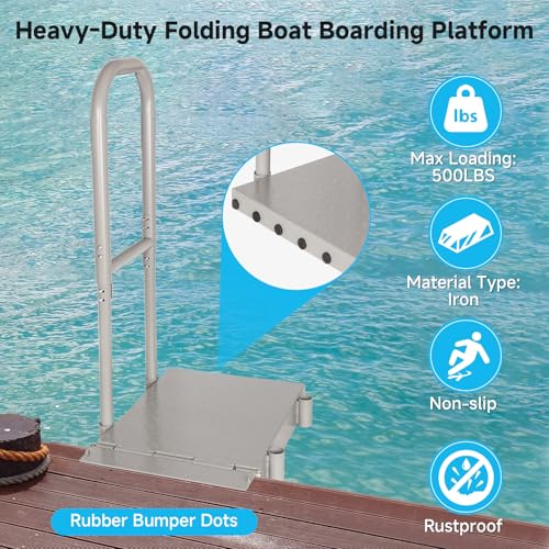 Folding Boat Boarding Platform with Handrail – Anti-Rust Dock Steps for Lake, 500lbs Capacity, Non-Slip Surface