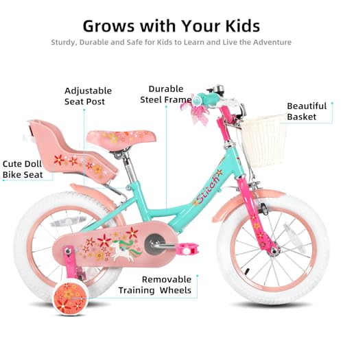 JOYSTAR Unicorn Kids Bike for Girls Ages 2-9 Years Old, 12 14 16 18 Inch Kids Bike with Training Wheels, Doll Seat, Streamers and Basket