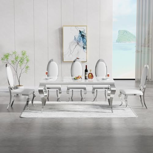 Dining Table Set for 4, Modern Dining Room Table Set for 4, 70" Marble Dining Table with Oval Backrest Leather Chairs