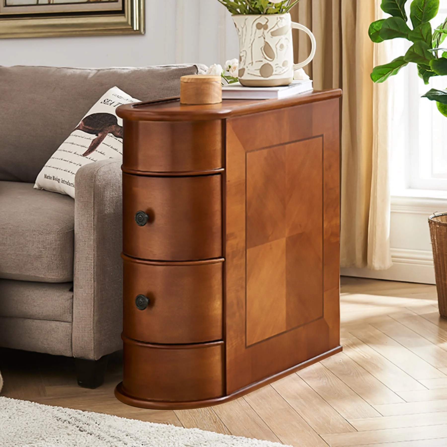 Tribesigns 2-Drawer Solid End Table, 23.6"H Wood Side Tables No Assembly Required, Living Room, Home, Brown