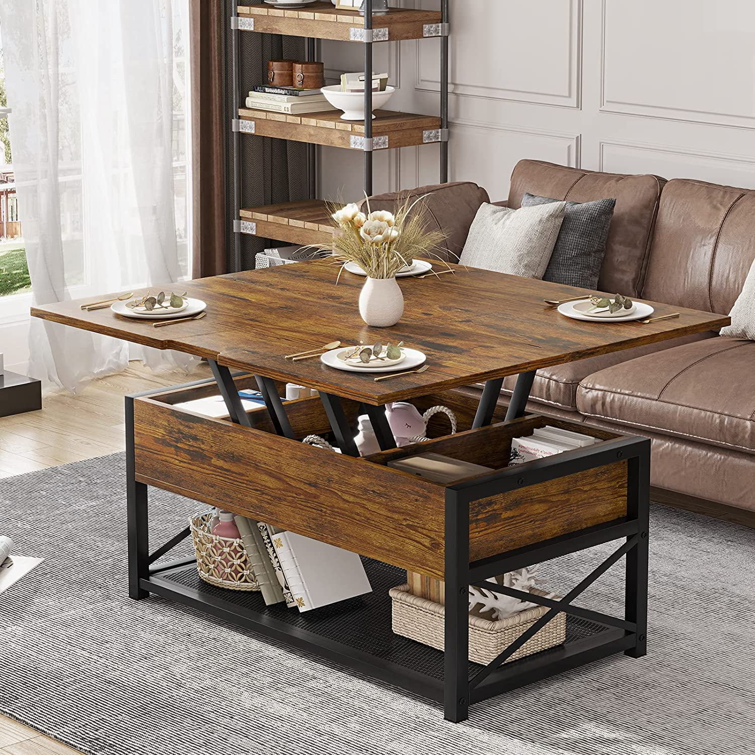 3 in 1 Multi-Function Coffee Table, Lift Top Coffee Table with Storage for Living Room, Rustic Brown - Curated Treasures Market