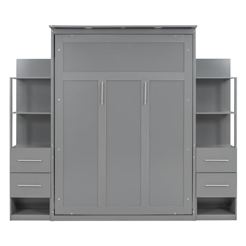 Harper & Bright Designs Full Size Murphy Bed Wall Bed with Storage Shelves, Drawers and LED Lights