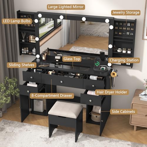 Vanity Desk with Lighted Mirror & Power Outlet, Makeup Vanity Table with 5 Drawers & 2 Cabinets, Large Vanity Set with Stool, Glass Top