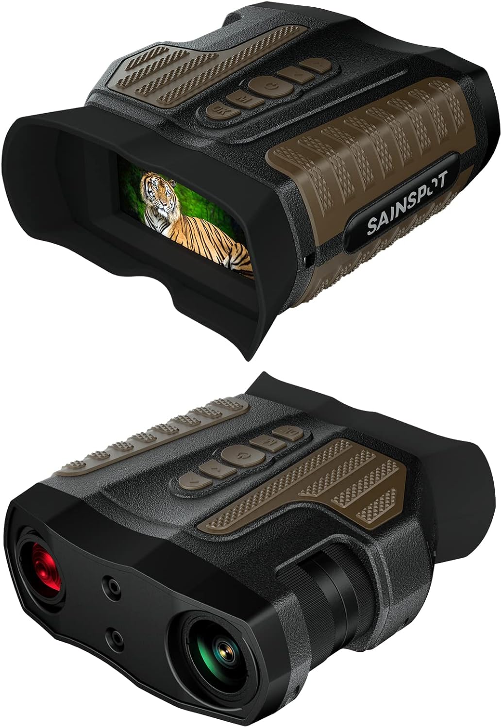 SAINSPOT Digital Infrared Night Vision Binoculars, Variable 1X - 10X Optical Zoom, Rechargeable, 1080P, Black and Brown