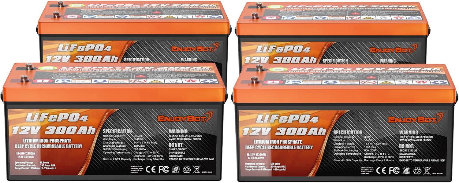 Enjoybot Deep Cycle Battery LiFePO4 12V 300Ah, Built-in 200A BMS, Lithium Iron Phosphate Battery for Solar RV Marine Camping