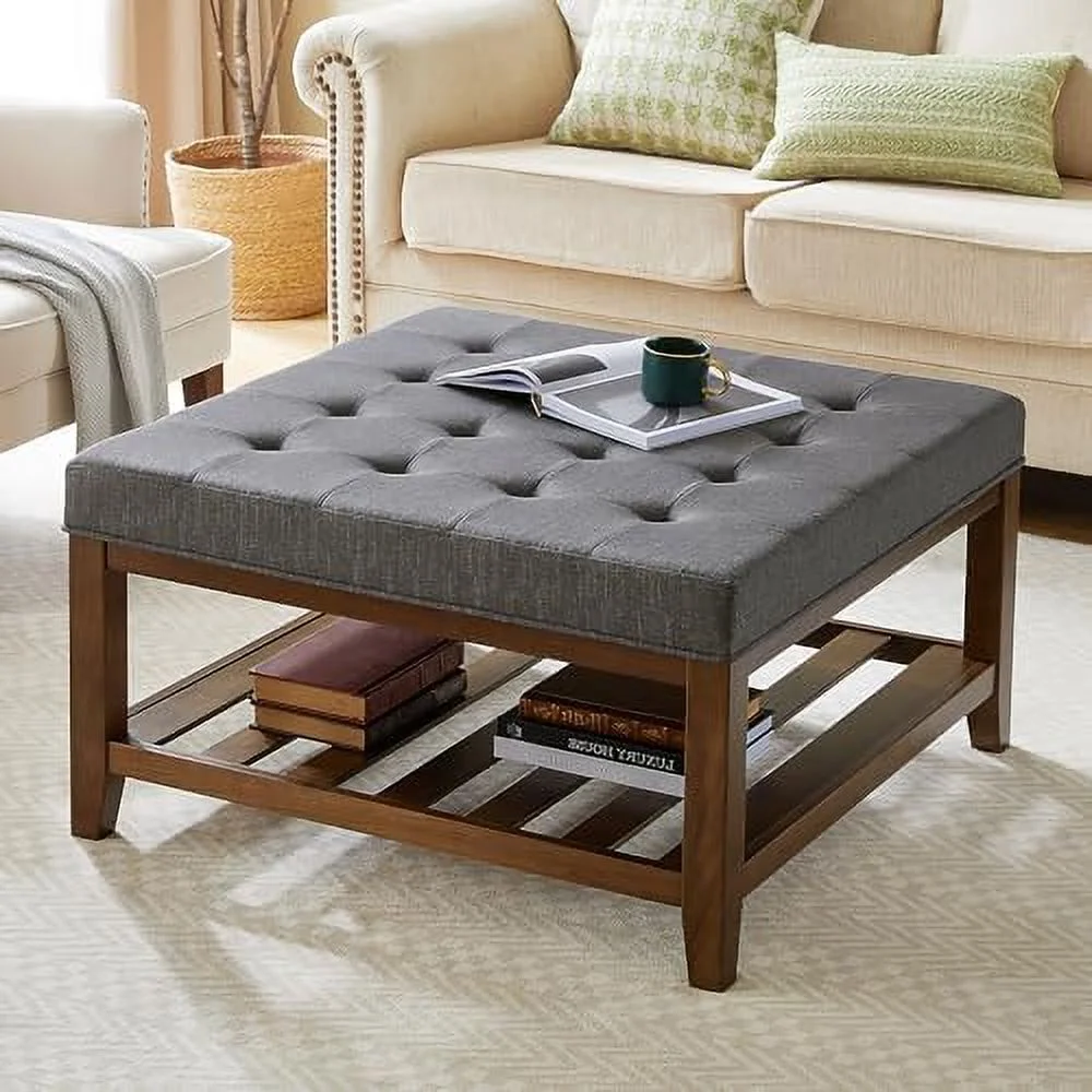 TJUNBOLIFE Square Ottoman Coffee Table with   Button Tufted Upholstered Linen Coffee Table for Living Room  Farmhouse Mid Century Modern Wooden Stool