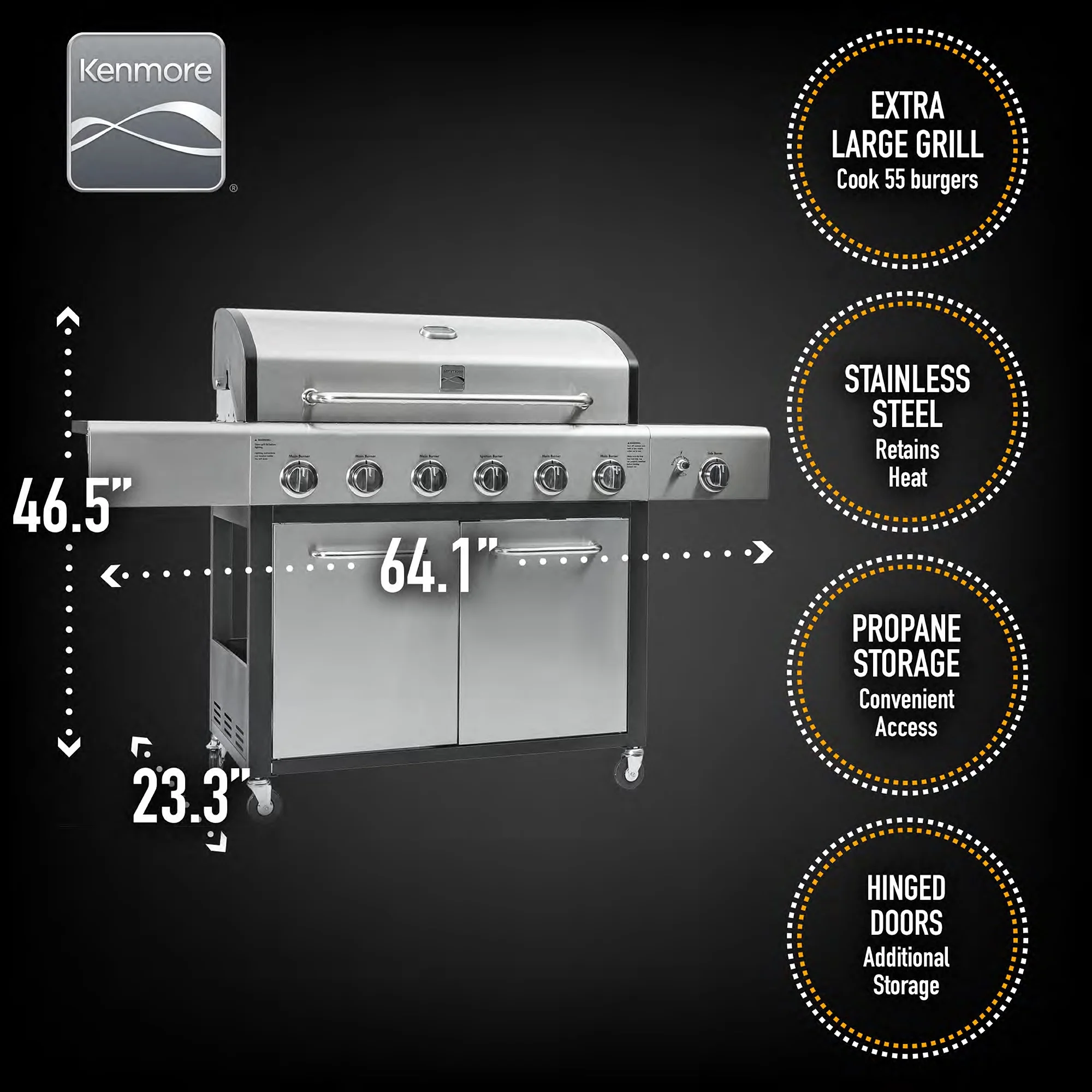 Kenmore 6-Burner Propane Gas Grill with Side Burner, PG-40611S0L, Stainless Steel with Black Trim