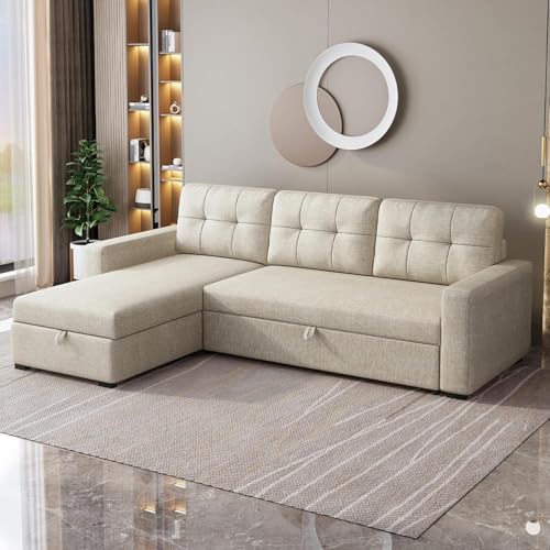 Ball & Cast Convertible Sofa Bed with Reversible Storage Chaise,Linen Sleeper Sofa Couch L Shaped Pull Out Couch Bed