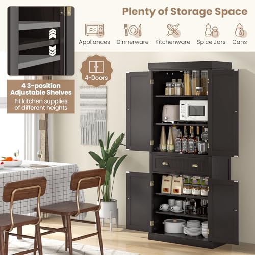 Tangkula 72" H Kitchen Pantry Cupboard Cabinet, Traditional Freestanding Large Tall Storage Cabinet with 2 Cabinets and Drawer, Adjustable Shelves
