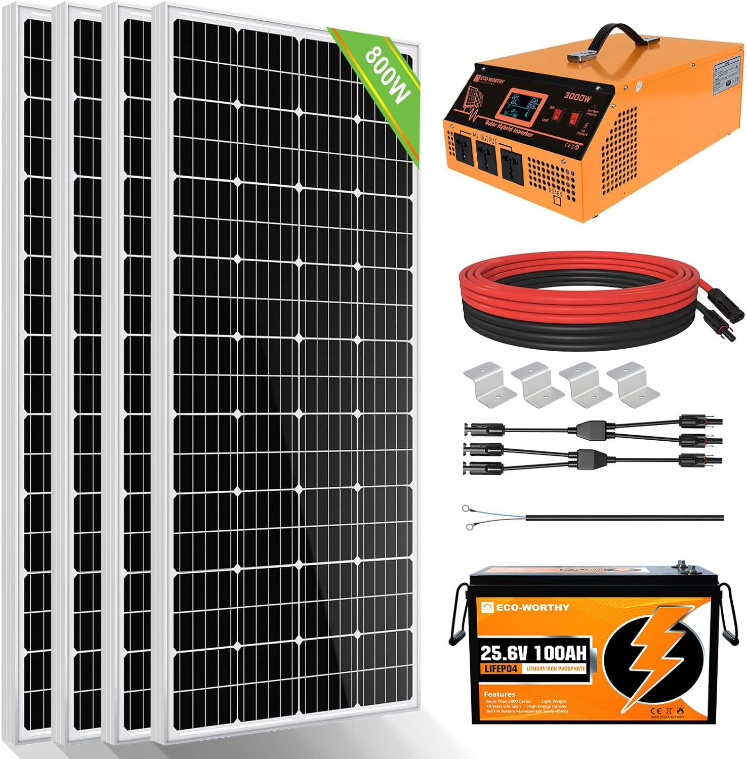 ECO-WORTHY 800 Watts Solar Panel Off Grid RV Boat Kit: 8pcs 100W Solar Panels + 60A PWM Charger Controller + 16Ft Solar Cable + Z Mounting Brackets…