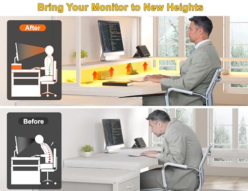 EnHomee Large L Shaped Gaming Desk with Hutch and Drawers, 64" W Reversible Computer Desk with Storage Shelves