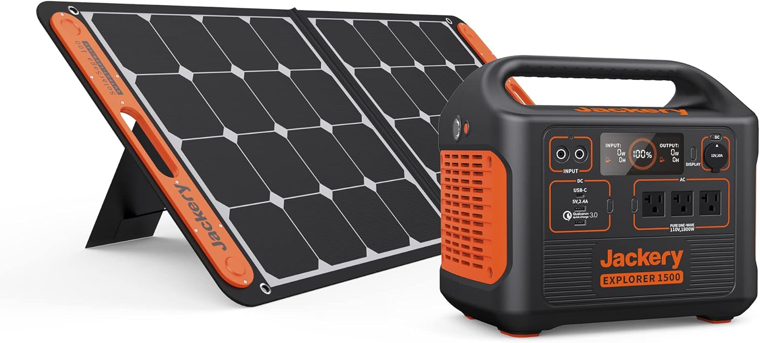 Jackery Solar Generator 1500, Explorer 1500 and 1 xSolarSaga 100W Solar Panel with 3x110V/1800W AC Outlets