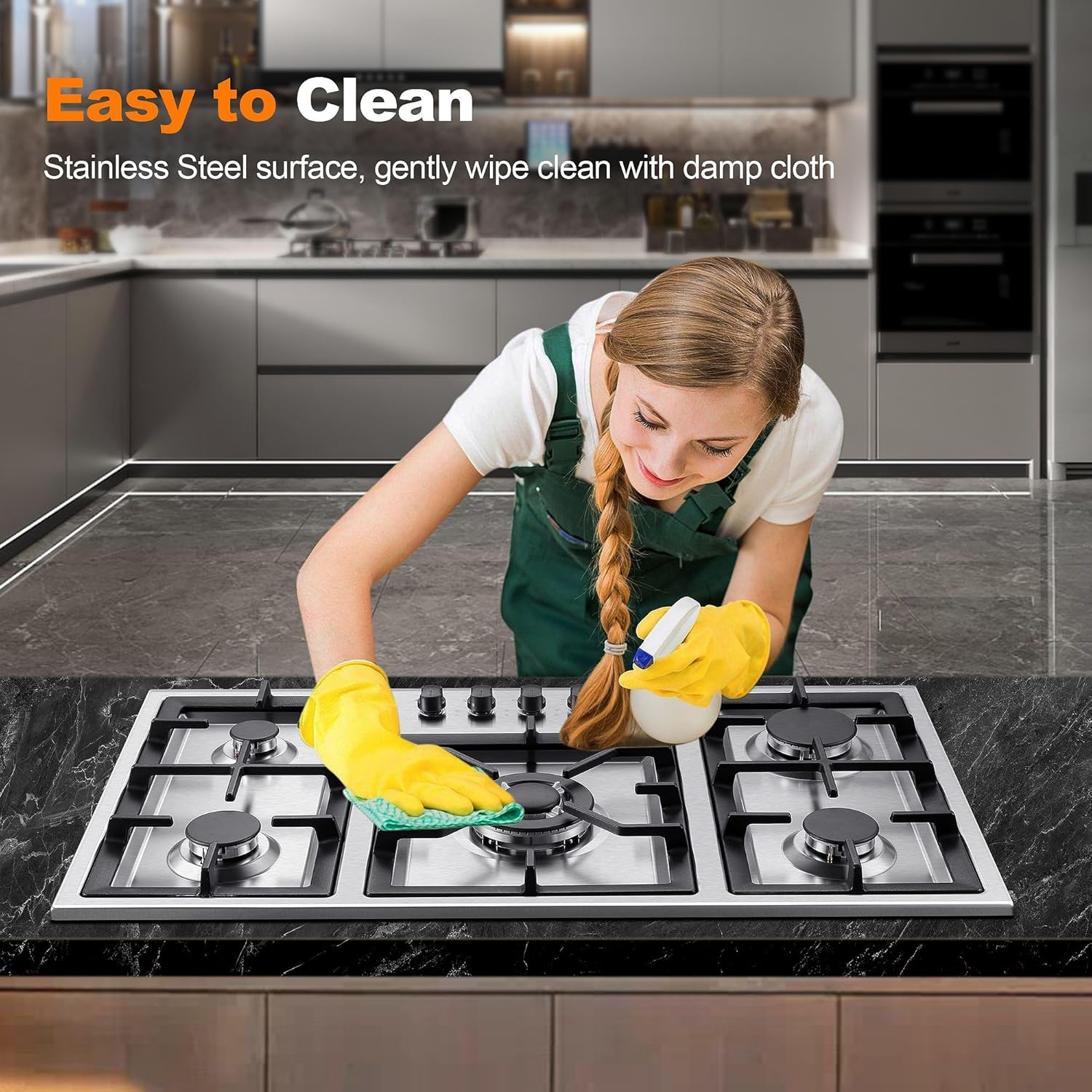 Gas Cooktop 36 Inch, 5 Burner Gas Stove Top, Built in Stainless Steel 36 Inch Gas Hob with Thermocouple Protection, LPG/NG Convertible Propane Cooktop