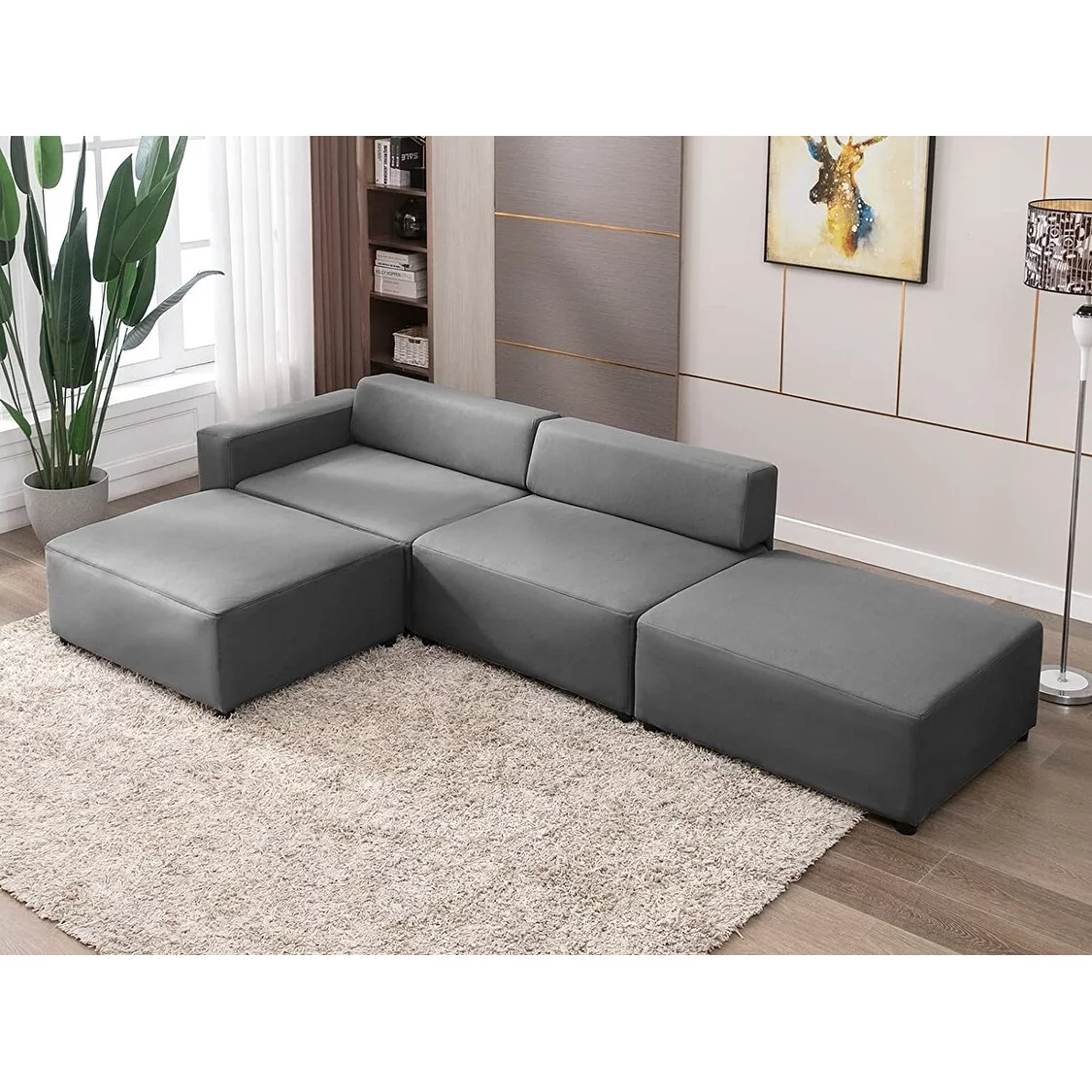 L Shape Modular Sofa,Convertible Sectional CouchRoom,Oversized  Sectional Sofa,Reversible Chaise Couch with Ottomans Light Grey