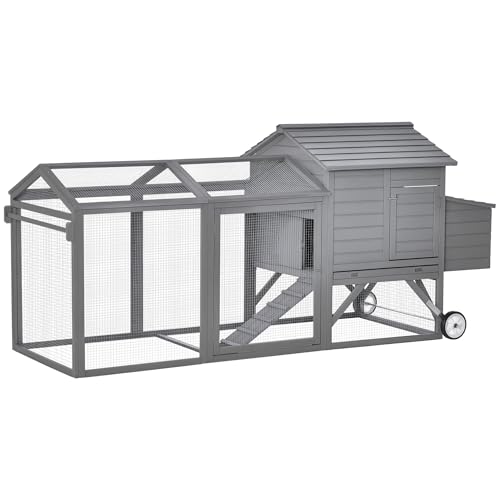 PawHut 96.5" Chicken Coop Wooden Hen House Poultry Cage Pen Portable with Wheels and Nesting Box, Chicken Cage for Backyard Outdoor, Natural