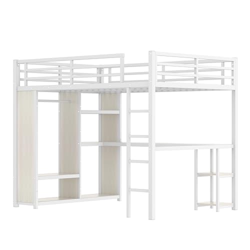 Bellemave Queen Size loft Bed with L Desk, Wardrobe, Metal Queen Loft Bed Frame for Adults, Kids, Teens, Black