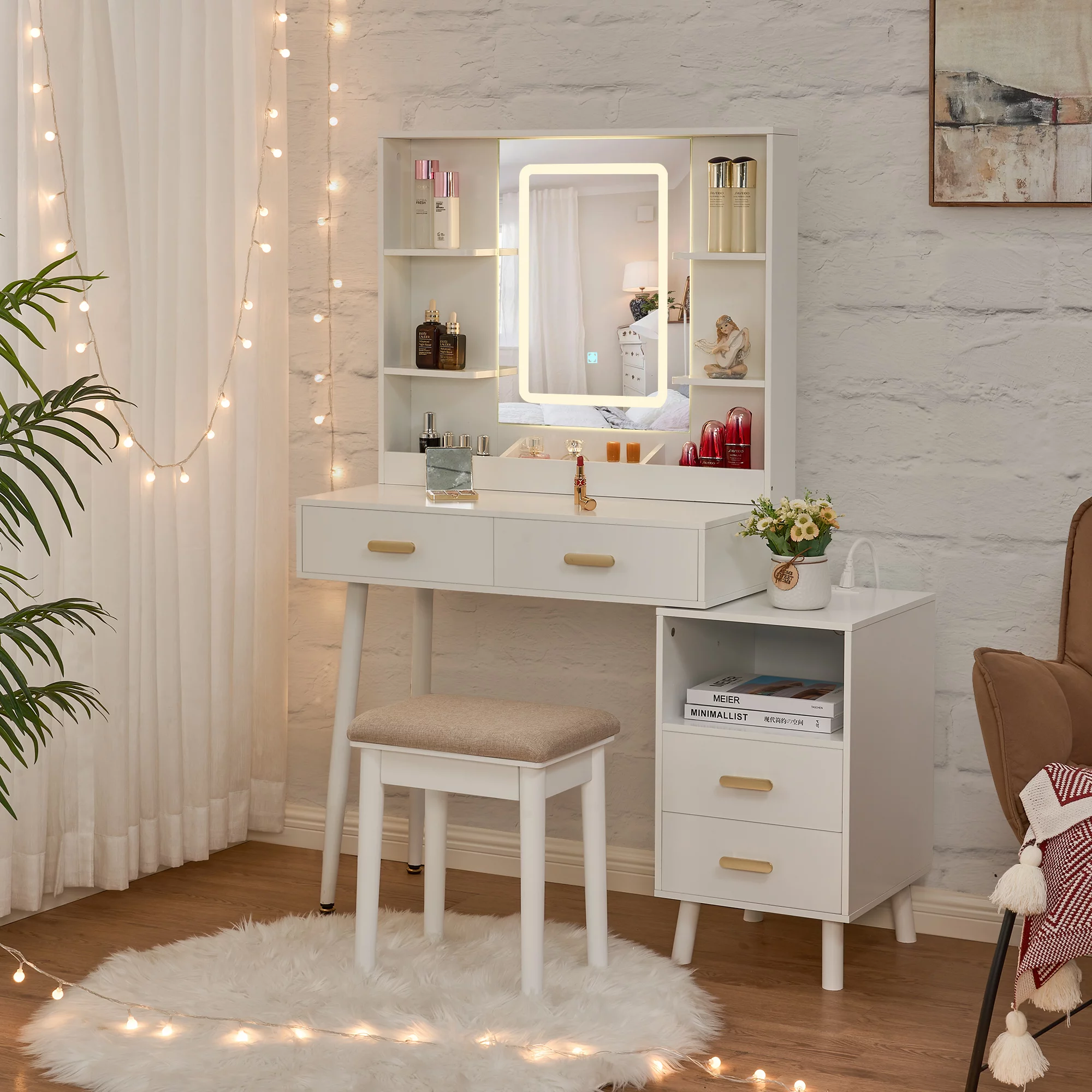 BEWISHOME Vanity Desk with Mirror and Lights, Makeup Vanity with Lights, White Vanity with Charging Station & Cabinets
