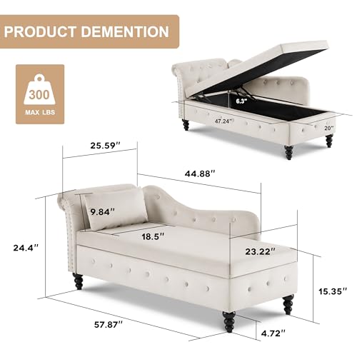 Tufted Velvet Chaise Lounge Indoor with Storage, Button Tufted Chaise with Nailhead Trim