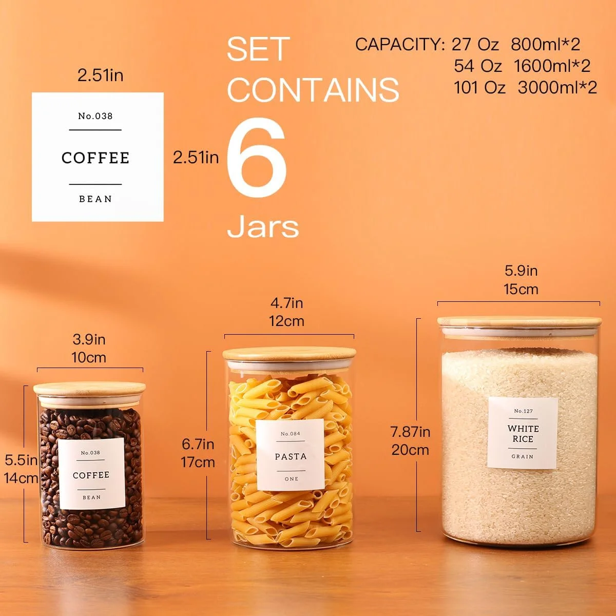 6-Pack Borosilicate Glass Storage Jars with Bamboo Lids + 132 Pre-Printed Pantry Labels Included, BPA-Free Thicken Airtight Containers for Flour