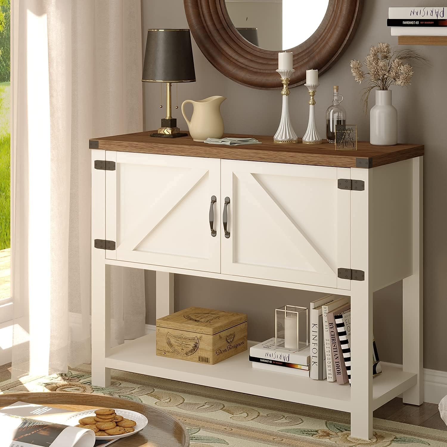 Farmhouse Buffets & Sideboards, Kitchen Buffet Storage Cabinet Accent Coffee Bar Cabinet, Rustic Sideboard with 2 Doors and Storage Shelf