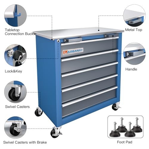 7-Drawer Rolling Toolbox,Tool Box with 360° Lockable Wheels and Padded Feet,Tool Chest with Keyed Locking System and Drawer Liners