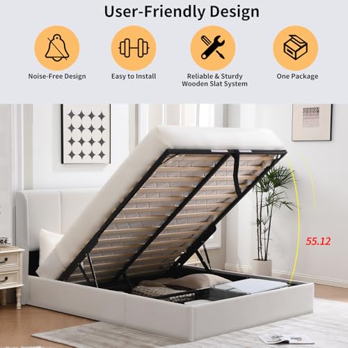 VELOCAVA Queen Size Lift Up Storage Bed with Modern Wingback Headboard, Upholstered Platform Bed with Fabric with Hydraulic Support Bars